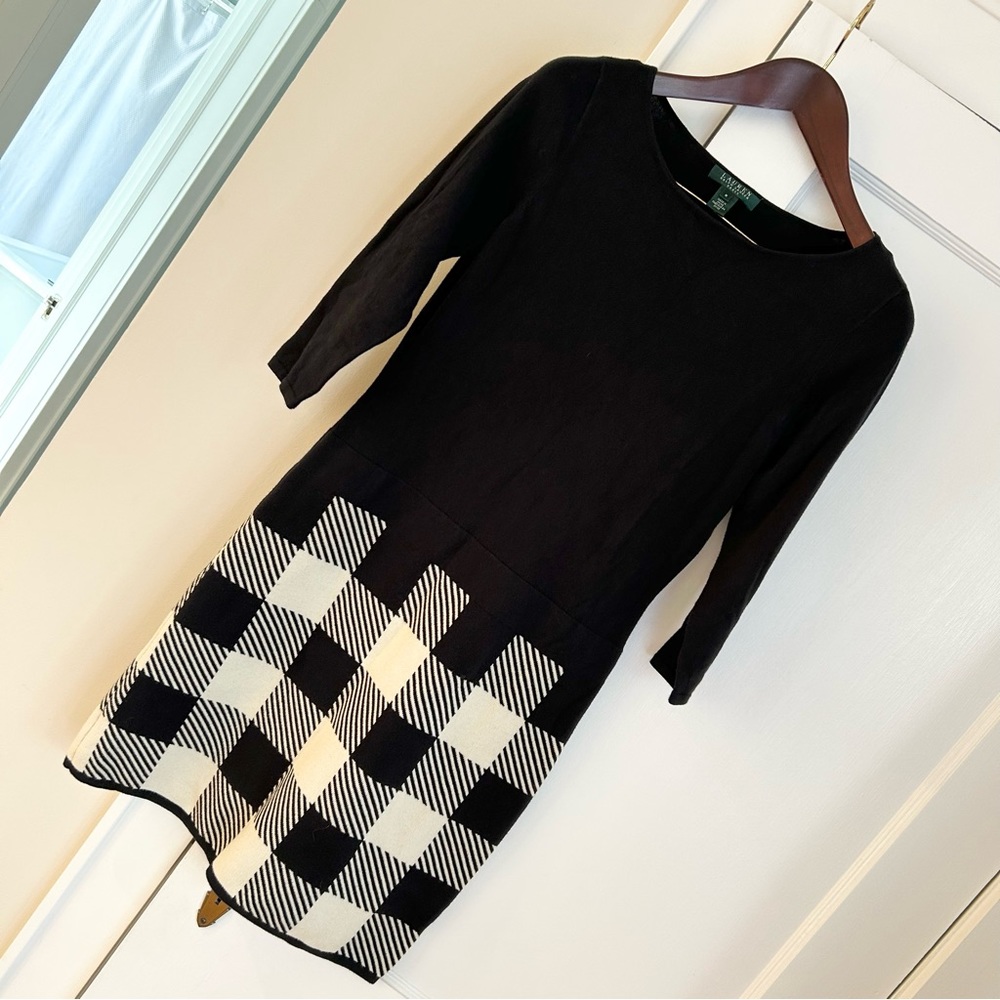 Lauren Ralph Lauren Black and White Long Sleeve Checker Knit Dress